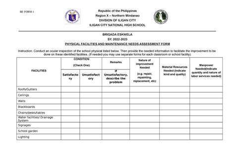 Brigada Eskwela Form 1 Republic Of The Philippines Region X