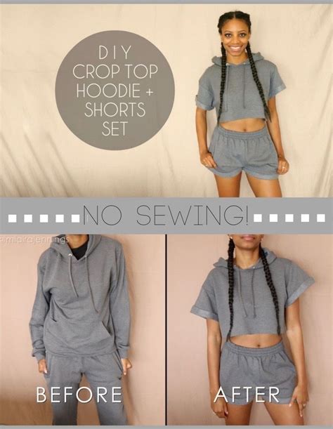 Have an old sweatshirt that needs sprucing up before tossing out? Easy DIY transformation of a basic hoodie & sweatpants into a cute crop top hoodie and shorts ...