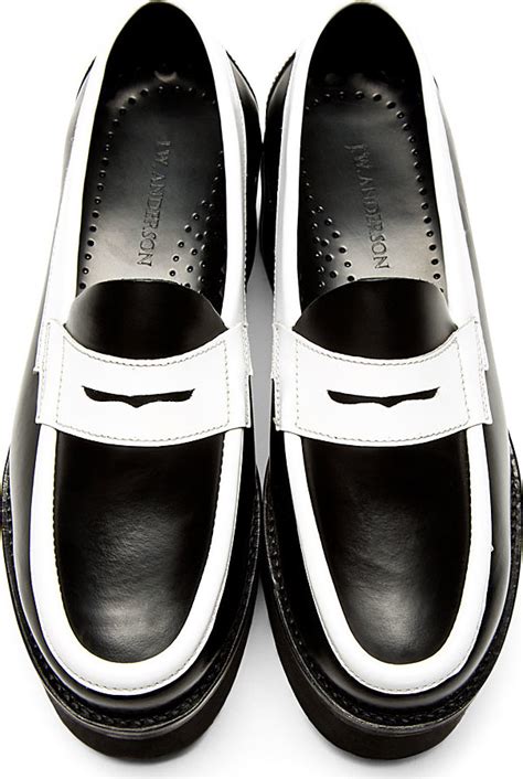 Jwanderson Black And White Leather Platform Penny Loafers In Black Lyst