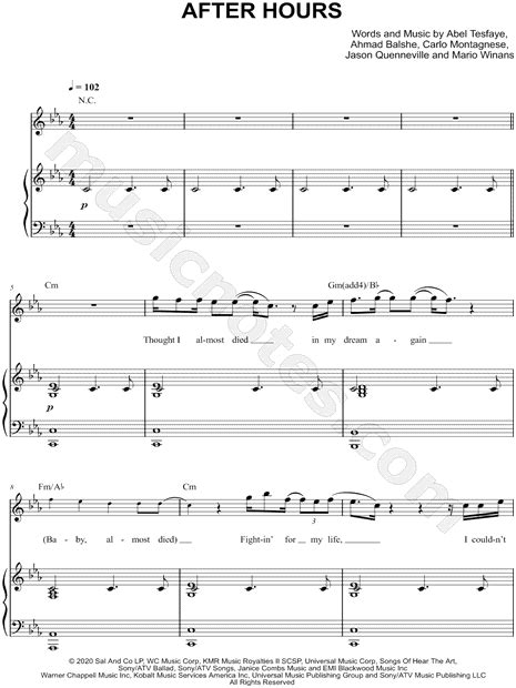 verse 1 thought i almost died in my dream again (baby, almost died) fightin' for my life, i couldn't breathe again i'm fallin' in too deep (oh, oh) without you, i can't sleep (fallin' in) 'cause my heart belongs to you i'll. The Weeknd "After Hours" Sheet Music in C Minor (transposable) - Download & Print | Sheet music ...