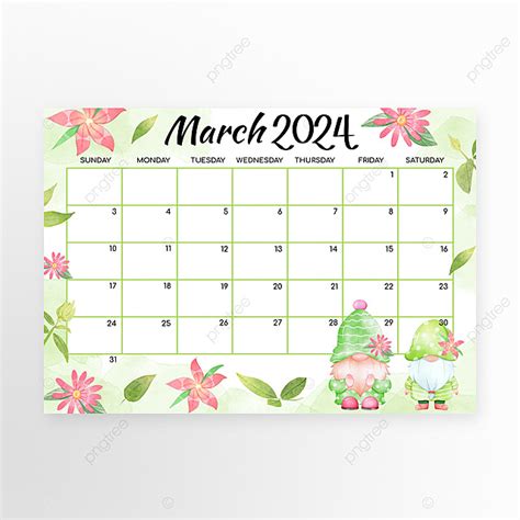 Calendário De Março De 2024 Com Flores Em Estilo Cartoon Multicolorido