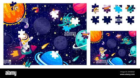 Alienígena de dibujos animados astronauta y paisaje espacial en piezas