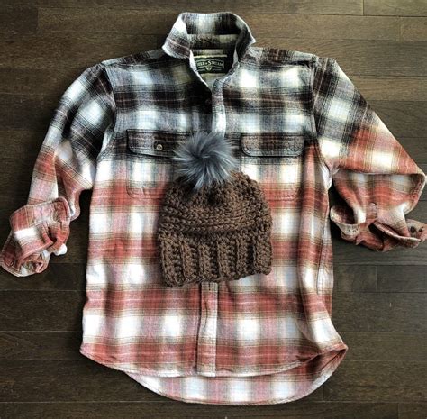 Ladies Bleached Flannel Shirt Set With Beanie Crochet Beanie Etsy