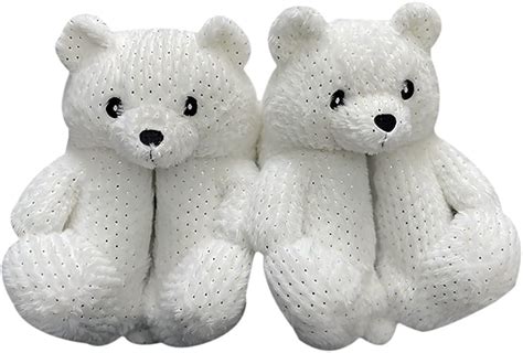 Alayger Women Plush Teddy Bear Slippers Home Indoor Soft Anti Slip Faux Fur Cute Slippers Winter