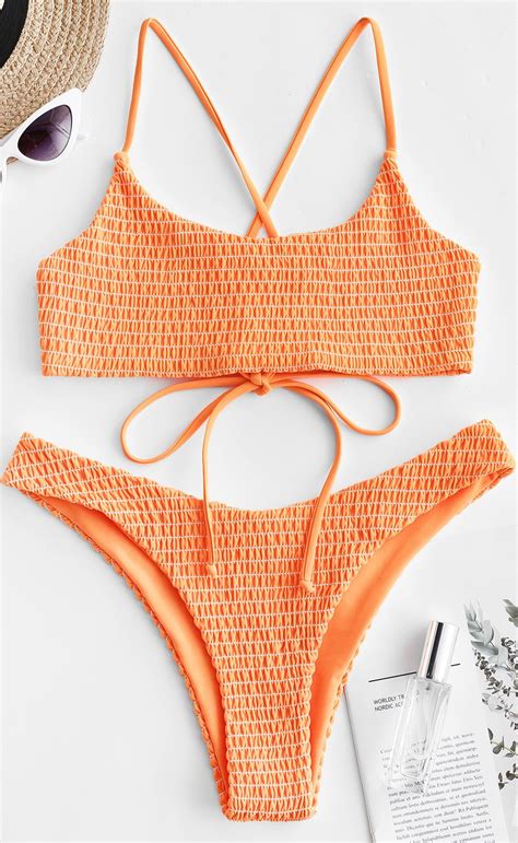 Zaful Crisscross Neon Smocked Bikini Set Orange Tea Green Smocked
