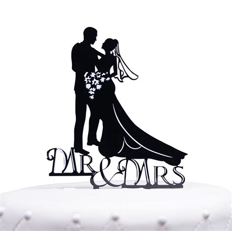 Black Mr And Mrs Script Bride And Groom Acrylic Wedding Day Cake Topper Silhouette