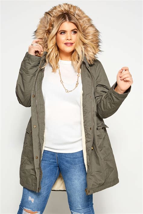 Khaki Fleece Lined Faux Fur Hooded Parka Sizes 16 40 Yours Clothing