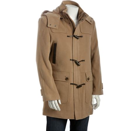 Cole Haan Camel Wool Blend Removable Hooded Toggle Front Coat In Beige