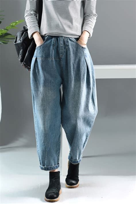 Washed Casual Elastic Waist Jeans Denim Fashion Balloon Pants Denim Day