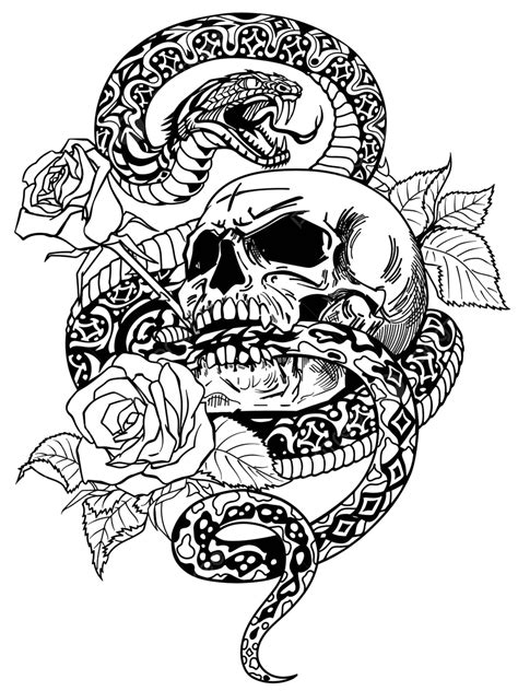 Snake Skull Roses Black And White Tattoo Snake Serpent Angry Vector