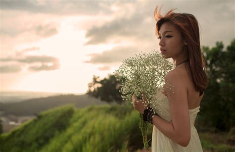 Wallpaper Sunlight Women Outdoors Model Brunette Asian White Dress Fashion Windy