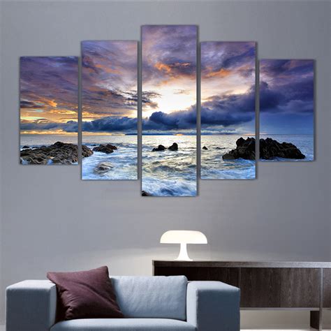 5 Panels Sunset Over Ocean Group Artwork Multi Canvas Art
