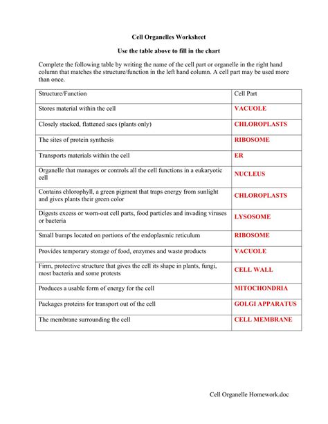 Animal cell organelle functions answer key. Cell Organelles Worksheet Answer Key (Dengan gambar)