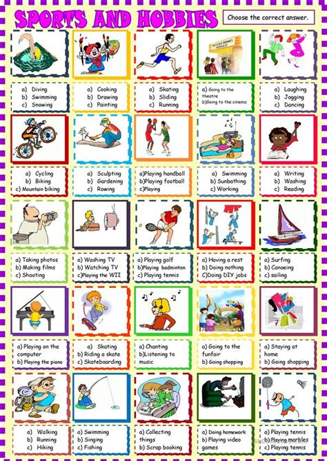 Here you will find english sports vocabulary words with detailed meanings and examples. sports and hobbies :multiple choice activity worksheet ...