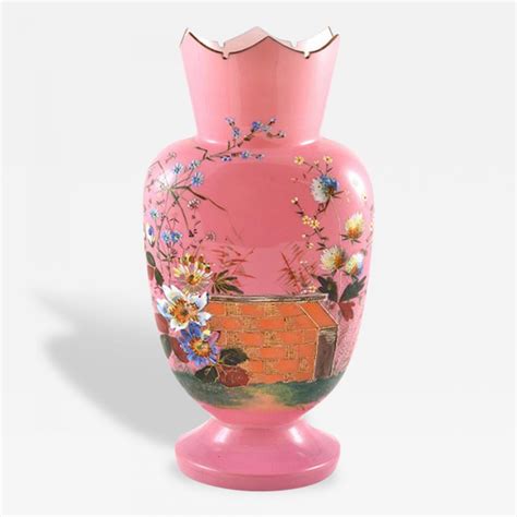 Antique Vase Pink Over White Glass Painted Flowers France 19th Century Opaline