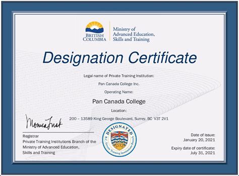 Designation Certificate By Private Training Institutions Branch Ptib