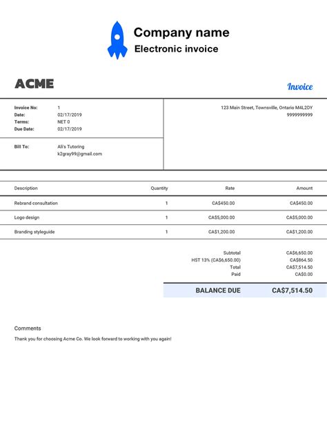 Free Electronic Invoice Template Customize And Send In Seconds