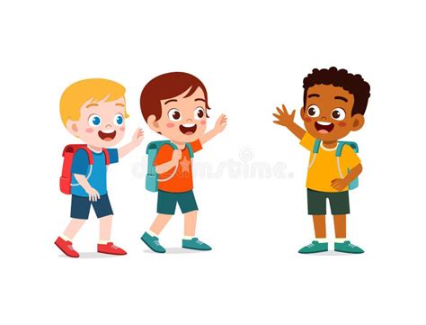 Little Kid Say Hello To Friend And Go To School Together Stock Vector