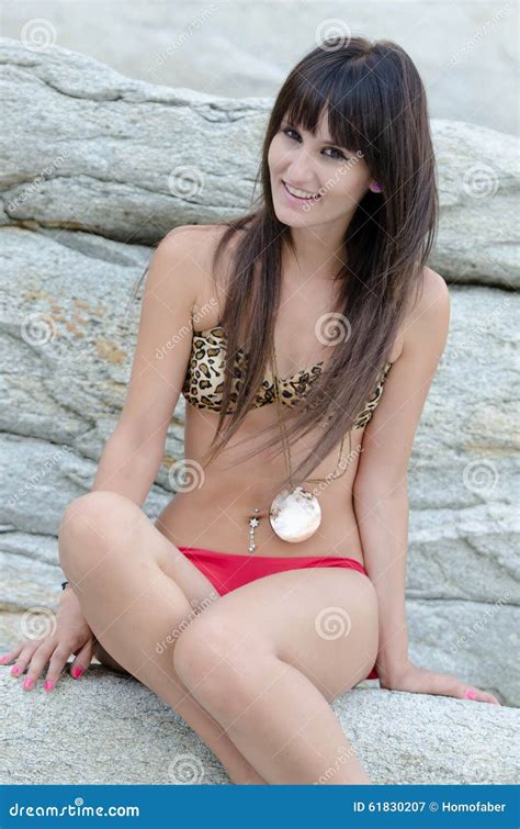 Woman Wear Bikini Sitting On Sea Rocks Stock Image Image Of Caucasian