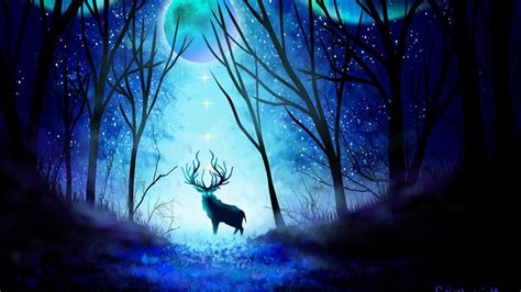 Download Wallpaper 1366x768 Deer Forest Night Moon Northern Lights