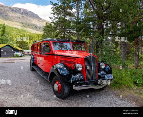 Montana Aug 25 Historical Red Travel Car In Front Of The Swiftcurrent