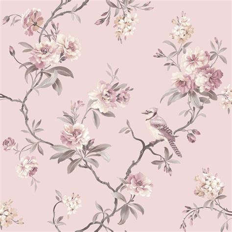 Fine Decor Chic Floral Chinoiserie Bird Wallpaper In Grey Teal Pink