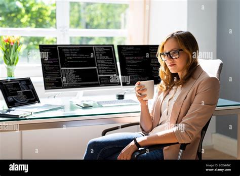 Programmer Woman Coding On Computer Coder Girl Stock Photo Alamy
