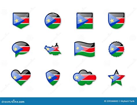 conjunto sudán del sur con banderas brillantes de diferentes formas ilustración del vector