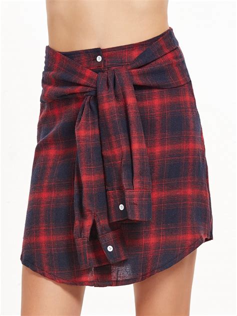 Tartan Plaid Tie Front Button Skirt Shein Sheinside
