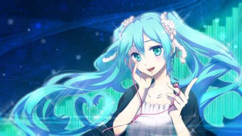Anime Girl Blue Eyes Blue Hair Flower Happy Headphones Long Hair Twin Tails Vocaloid Wallpaper
