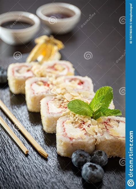 Sweet Sushi Rolls Strawberries Banana Chocolate Stock Photo Image