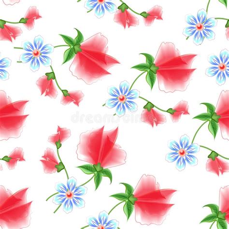 Seamless Floral Pattern Abstract Scarlet And Blue Flowers On A White