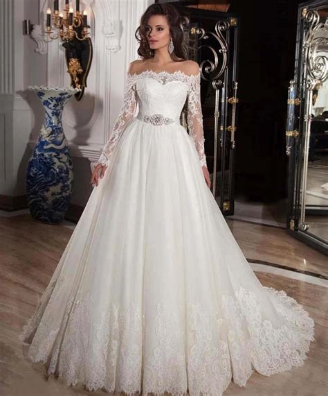 Sexy Vintage Princess Bridal Bride Ball Gown Long Sleeve Lace Wedding