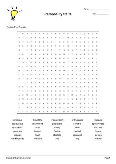 Personality Traits Wordsearch Quickworksheets