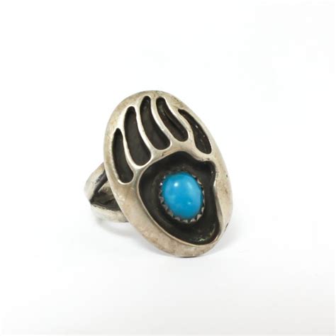 Carved Bear Claw With Turquoise Sterling Silver Ring In A Etsy