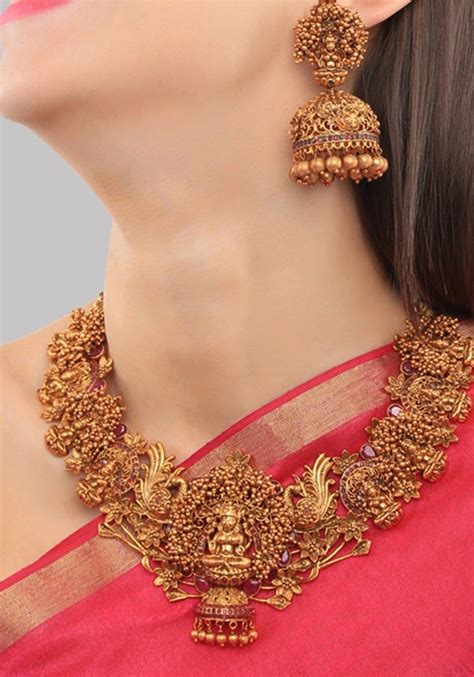 gold plated south indian lakshmi temple jewelry necklace set etsy gold necklace indian