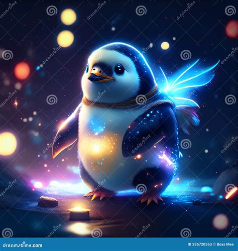 Cute Cartoon Penguin With Glowing Wings 3d Illustration Stock
