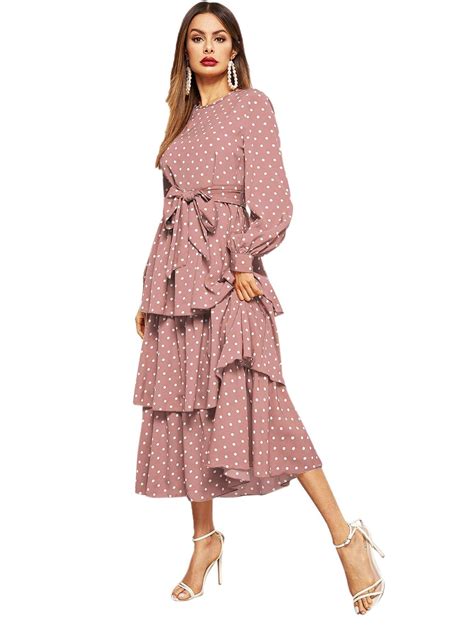 romwe women s elegant vintage polka dot lantern long sleeve belt layered ruffle hem midi dress