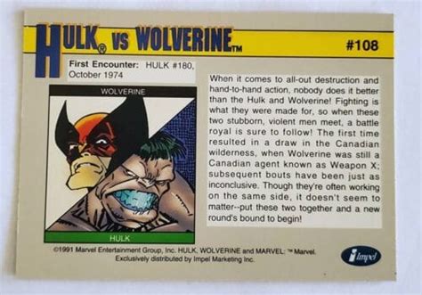 Hulk Vs Wolverine Marvel 1991 Arch Enemies Trading Card 108