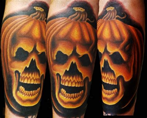 3d Style Halloween Pumpkin Stylized With Skull Colored Detailed Tattoo