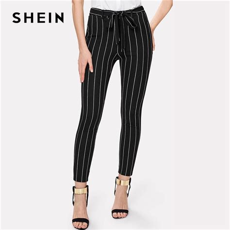Shein Office Vertical Striped Skinny Pants Women Elastic Waist Belted