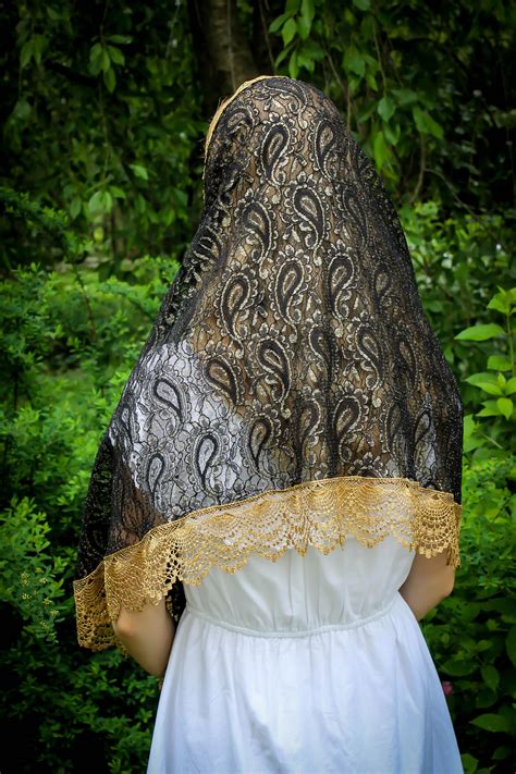 Evintage Veils~ Black And Gold Elegant Mantilla Vintage Inspired Lace