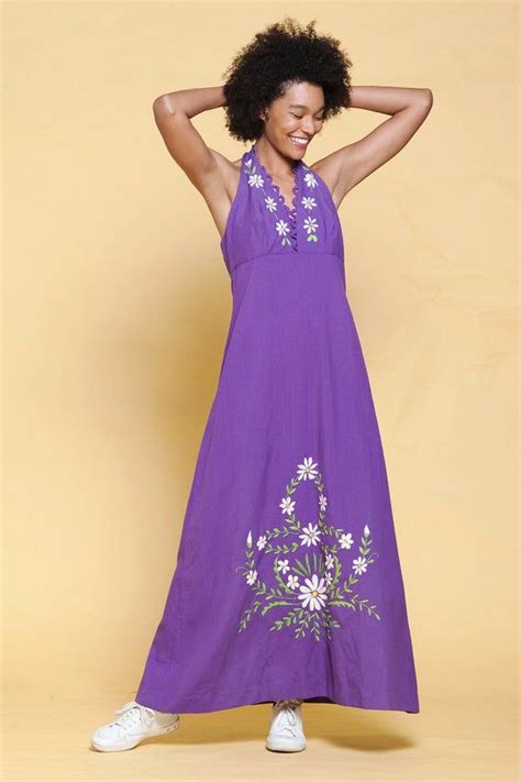 Halter Maxi Dress Purple Cottonfloral Hand Embroidery Bodice And Skirtempire Waist Vintage 70s