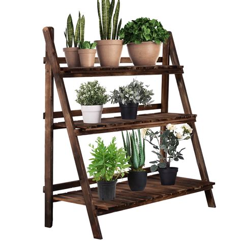 Outsunny 3 Tier Rustic Wooden Plant Stand Folding Flower Rack For