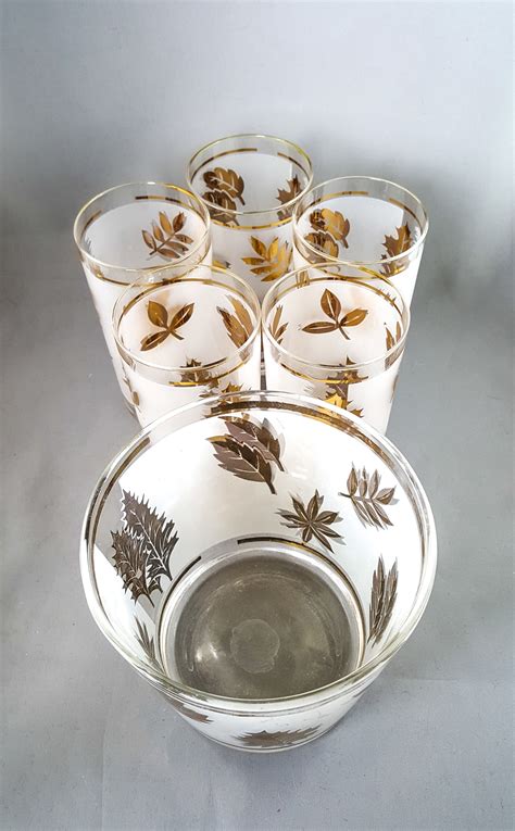 8 Vintage Libbey Glasses ~ Gold Leaf Foil Frosted Leaf Motif ~ Retro Cocktail Glassware Barware