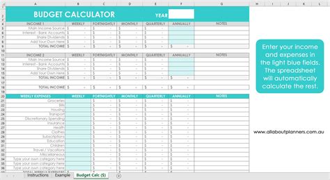 Budget Calculator Excel Spreadsheet Income Expenses Template Etsy