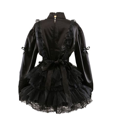 Women Sissy Lockable Black Satin Lace Maid Uniform Gothic Lolita