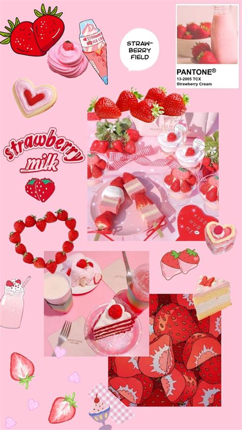 Strawberry Milkshake Collage On Pink Background With Hearts