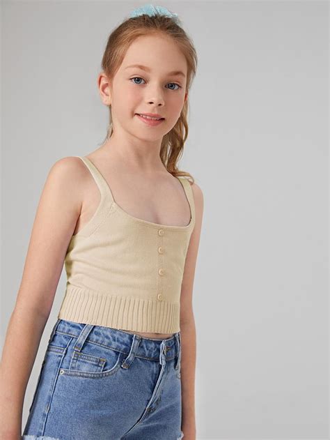 Shein Basics Girls Single Breasted Solid Knit Top Kinderbekleidung Mädchen Badeanzug Mädchen