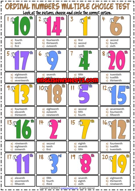 Ordinal Numbers Esl Printable Multiple Choice Test For Kids Dictionary